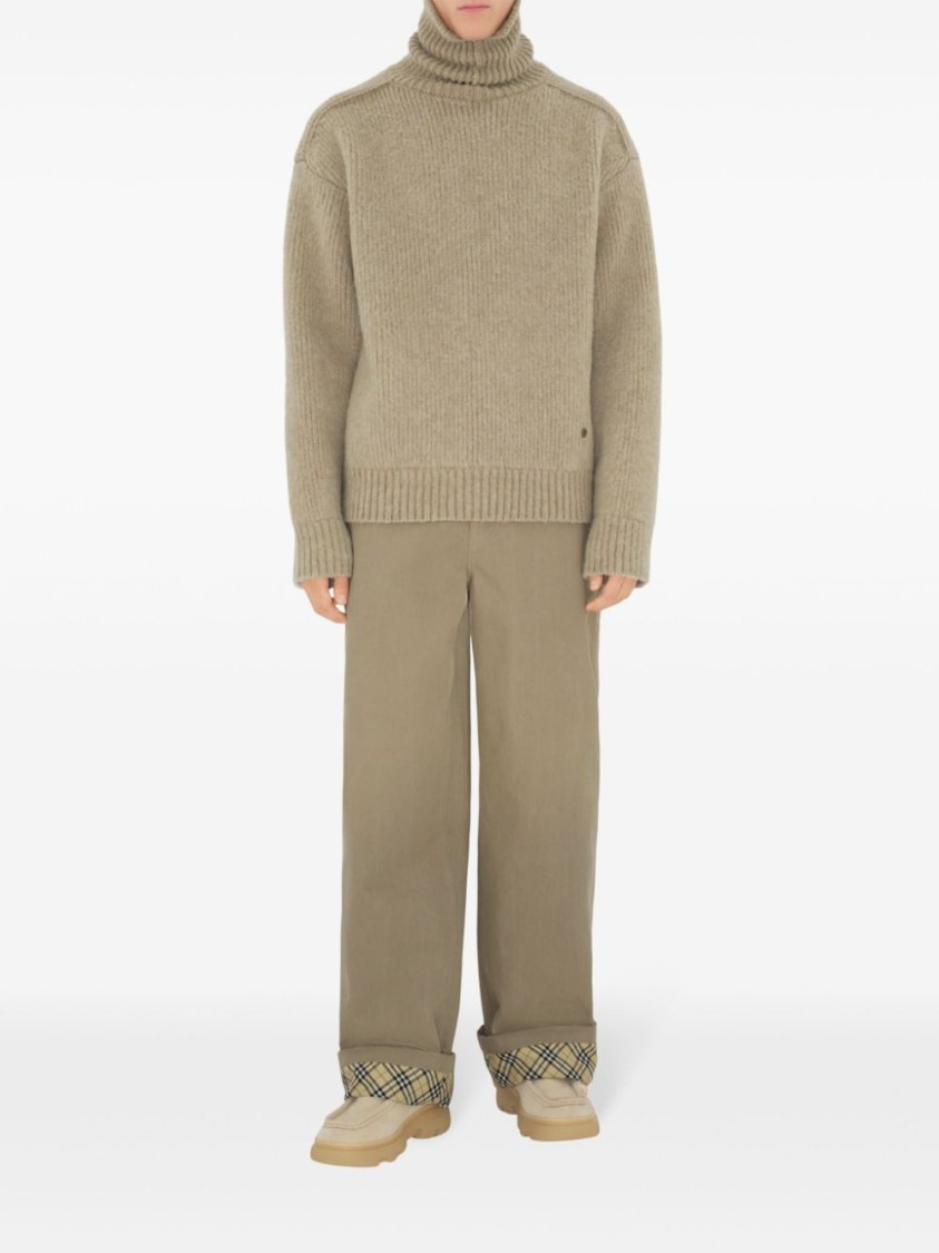 Burberry Beige Pants With Logo Embroidery On The Side And Turn-up Checked Hem In Cotton Man In Neutrals