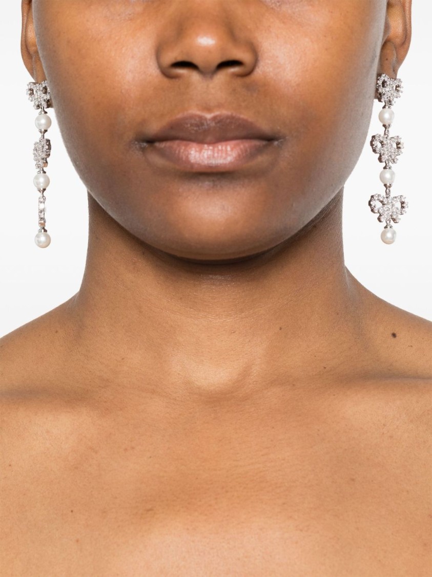 Self-portrait Women Micro Bow Pearl Tiered Earrings In Metallic