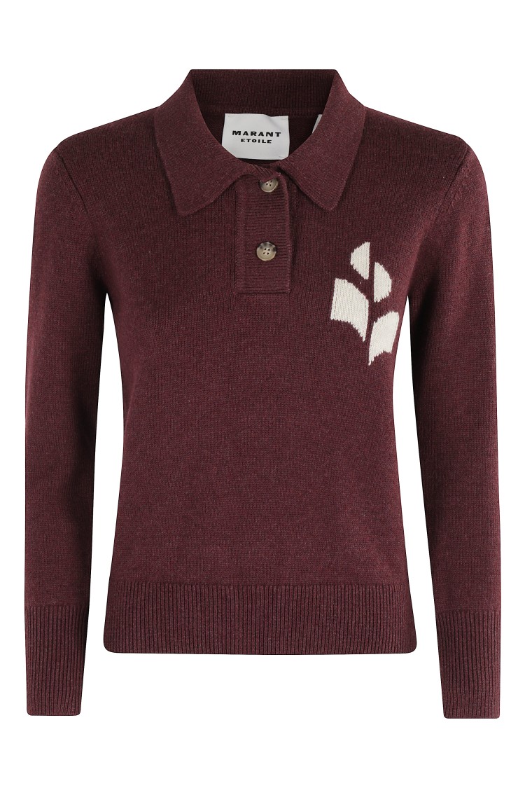 Isabel Marant Étoile Burgundy Cotton-wool Blend Sweater With Classic Collar And Logo In Brown