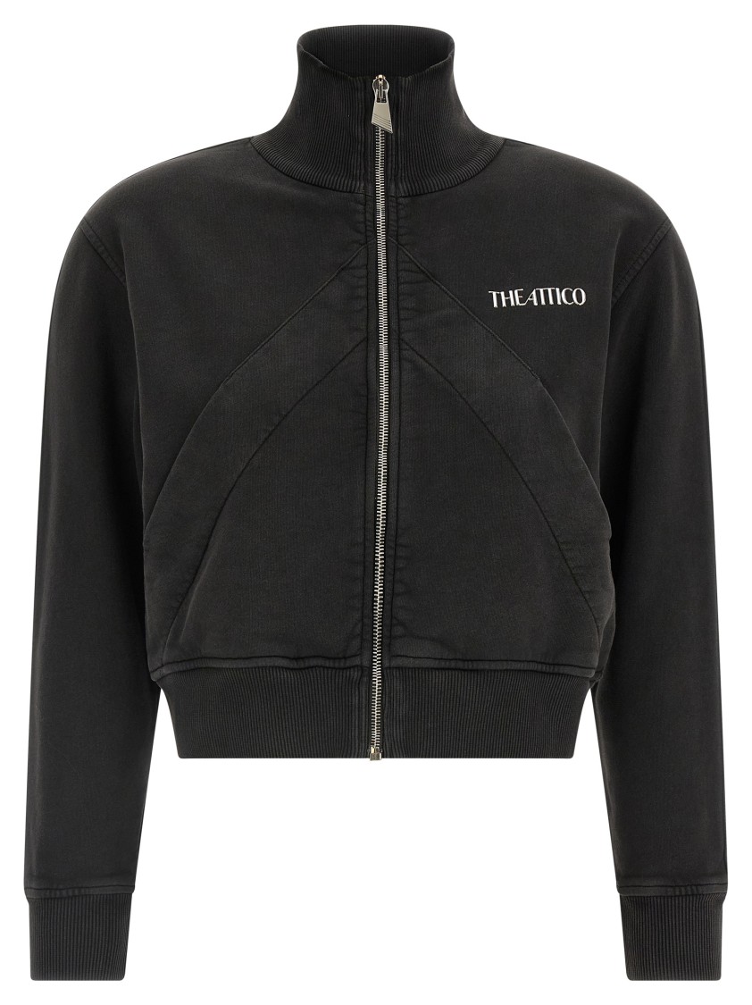 Attico Cropped Zip Fleece Ribbed Finish In Black