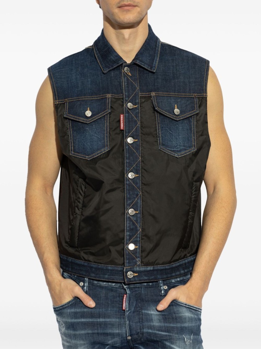 Shop Dsquared2 Sleeveless Denim Jacket With Contrasting Fabric And Chest Pockets In Black