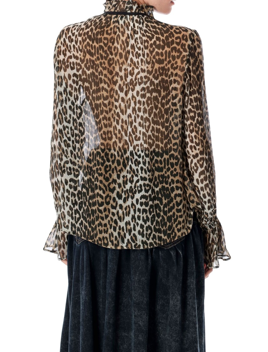 Ganni Leopard Print Chiffon Tie String Shirt In Animal Print