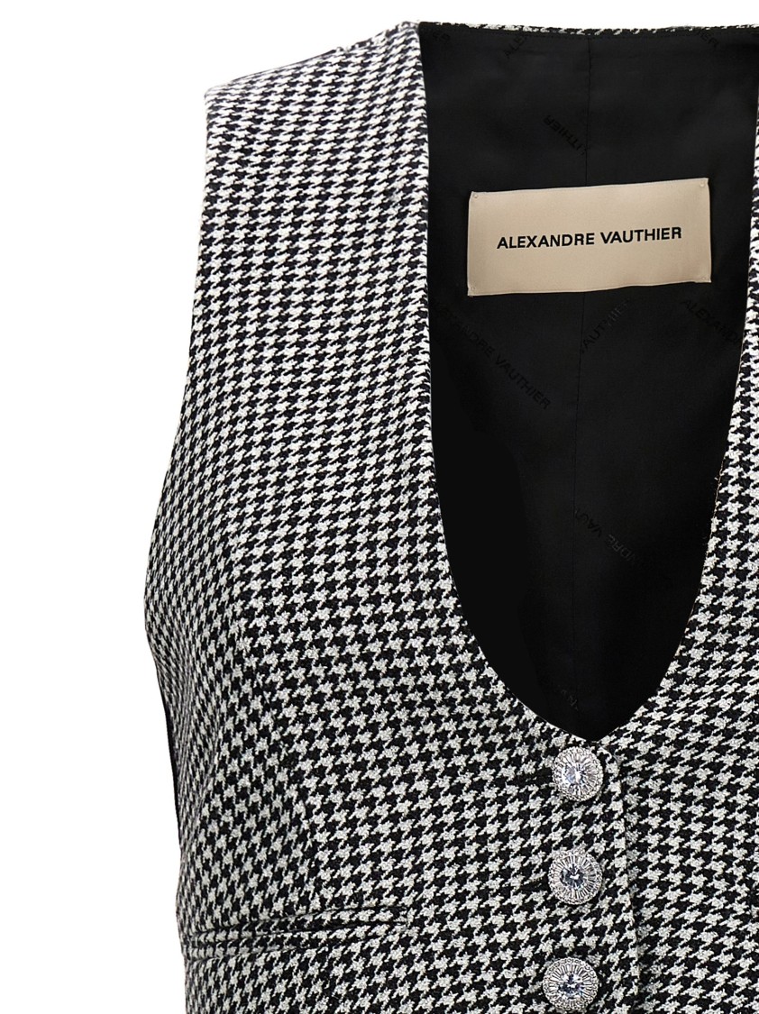 Alexandre Vauthier Houndstooth Pattern V-neck Sleeveless Waistcoat With Adjustable Back Strap In Gray