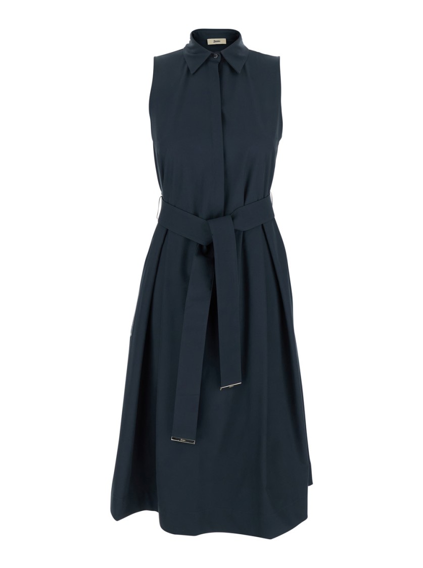 Herno Women Blue Sleeveless Dress With Classic Collar And Adjustable Belt In Tech Fabric Stretch Wom
