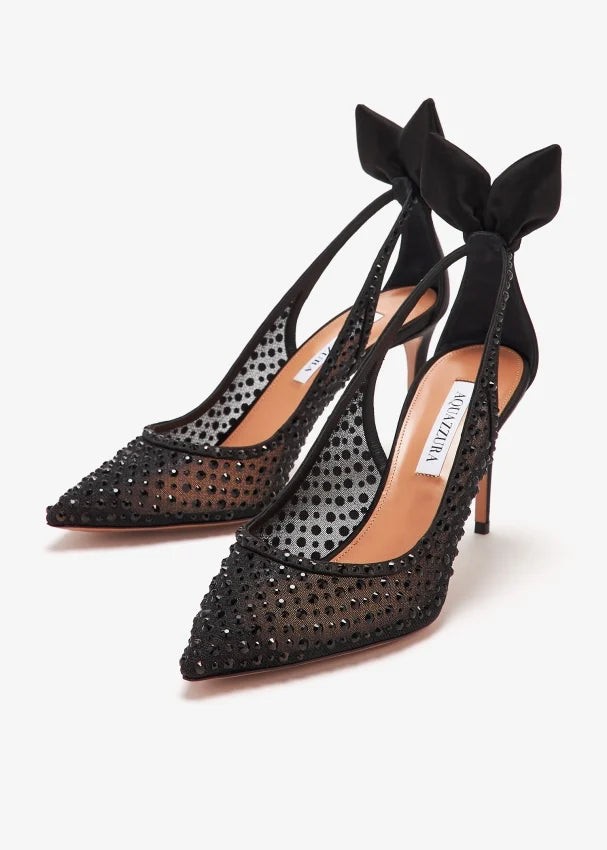 Aquazzura Bow Tie 105 Crystal Tulle Pointed-toe Flats
