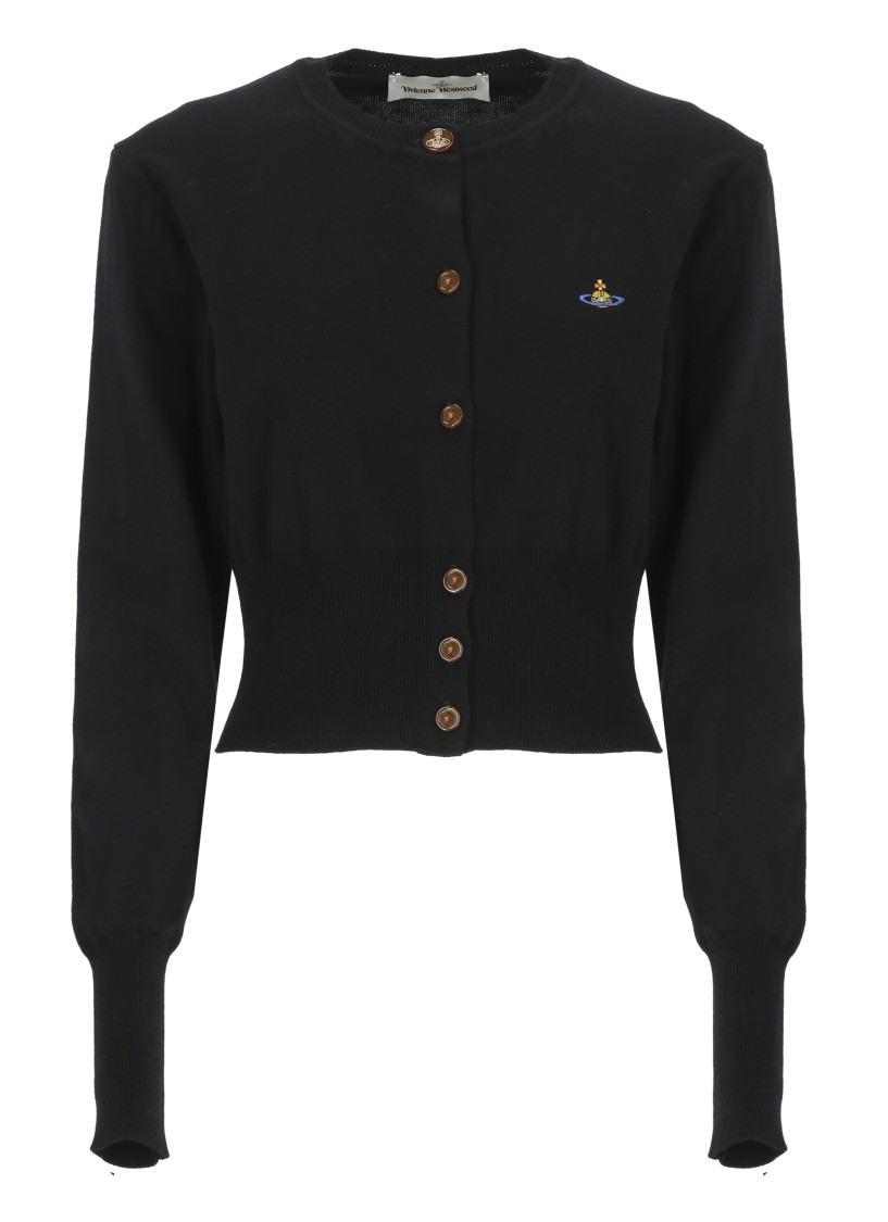 Vivienne Westwood Bea Black Cropped Cardigan With Round Neck And Front Orb Embroidery In Cotton Woman In Black