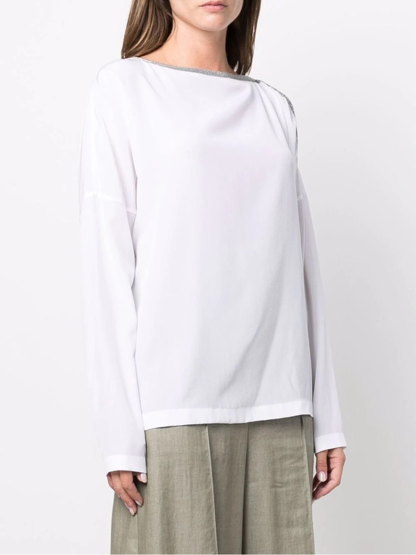 Brunello Cucinelli Long-sleeve White Knit Top With Unique Shoulder Detail In White