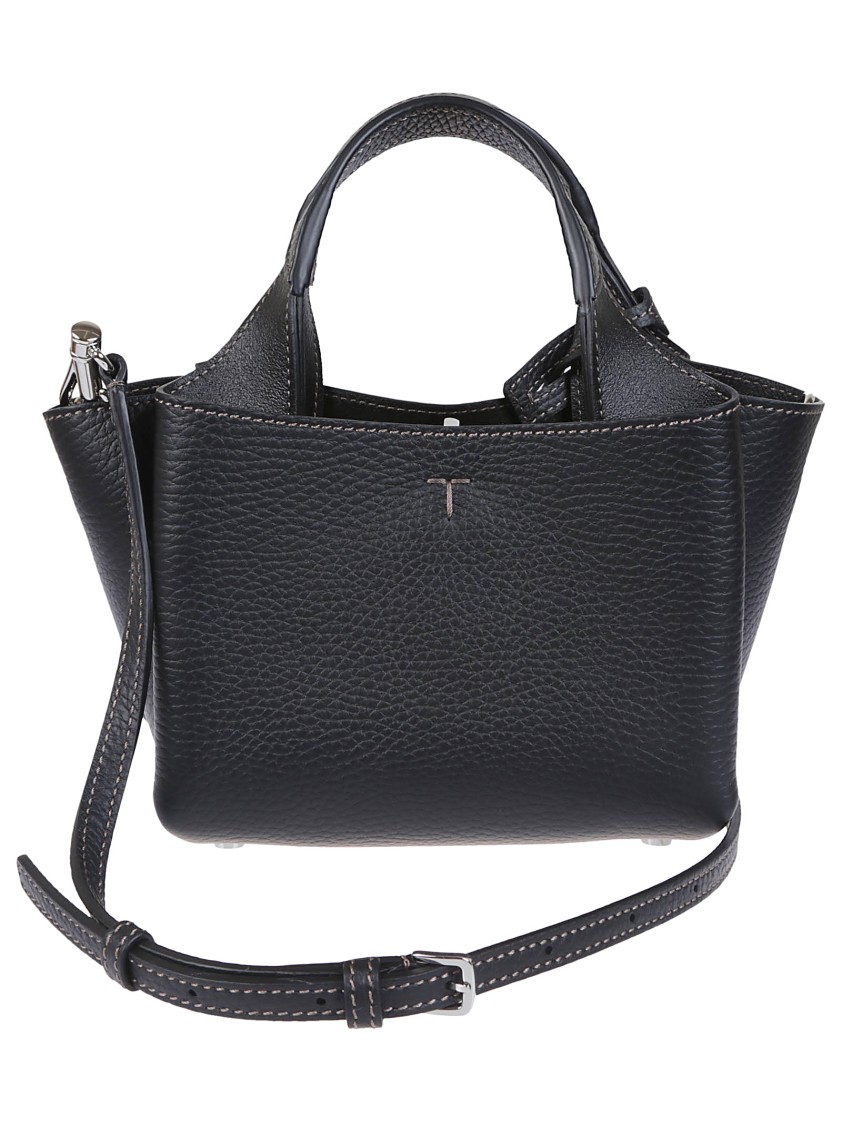 Tod's Structured Black Grained Leather Shoulder Bag In Gray