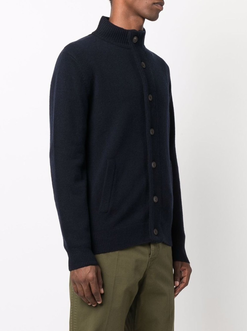 Barbour Navy Wool Zip-through Sweater With High Neck And Elbow Patches In Black