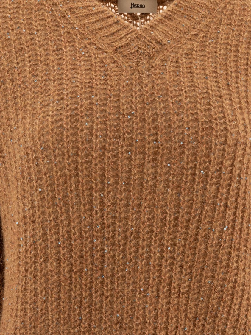 Herno Sequined Brown Knit Sweater With V-neckline In Brown