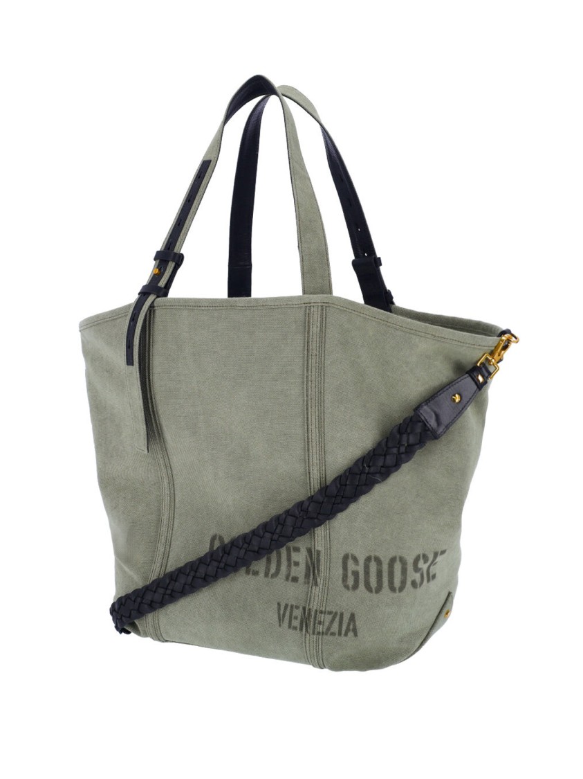 Golden Goose Spacious Green Cotton Tote With Leather Accents In Green