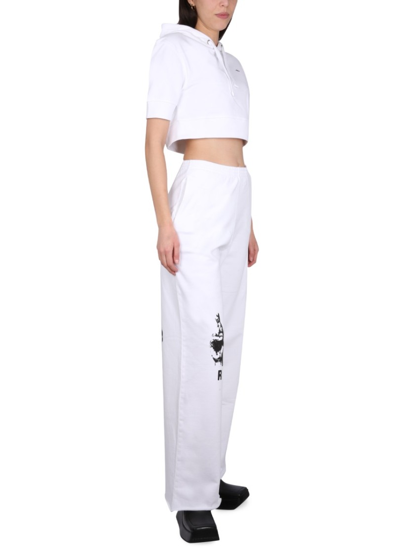 Shop Raf Simons Cropped White Sweatshirt With Drawstring Hood