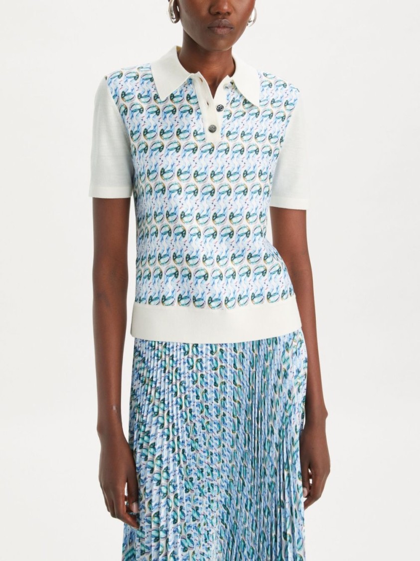 Tory Burch Polo With Front Button Placket And All-over Graphic Print