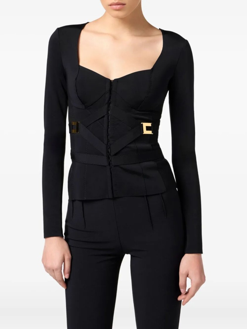 Elisabetta Franchi Cross-front Paneled Jacket With Sweetheart Neckline And Buckle Detailing In Black