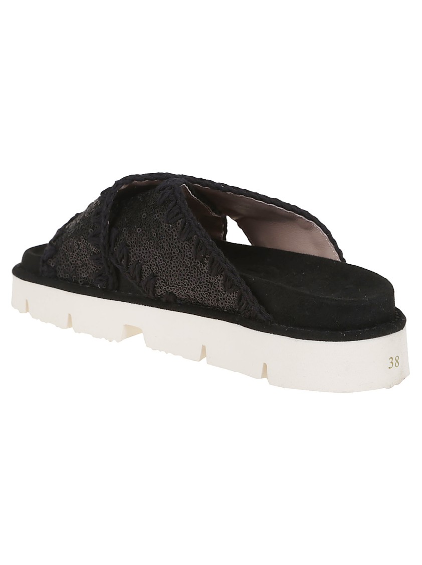 MOU MOU BLACK LEATHER SANDALS WITH TEXTURED UPPER