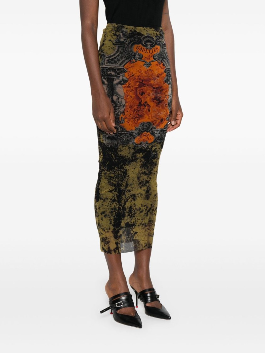 Jean Paul Gaultier Mesh Skirt With Graphic Print Overlay In Multi