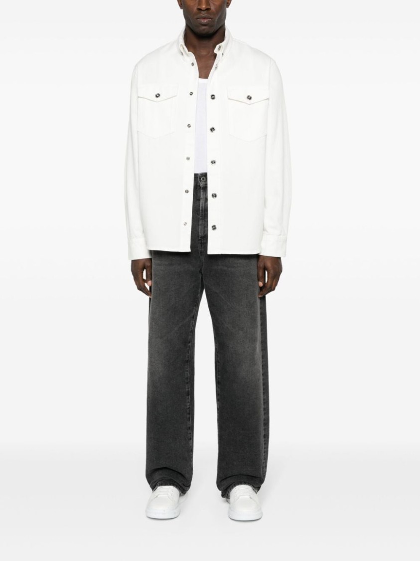 Shop Versace White Medusa Head Buttons Denim Shirt
