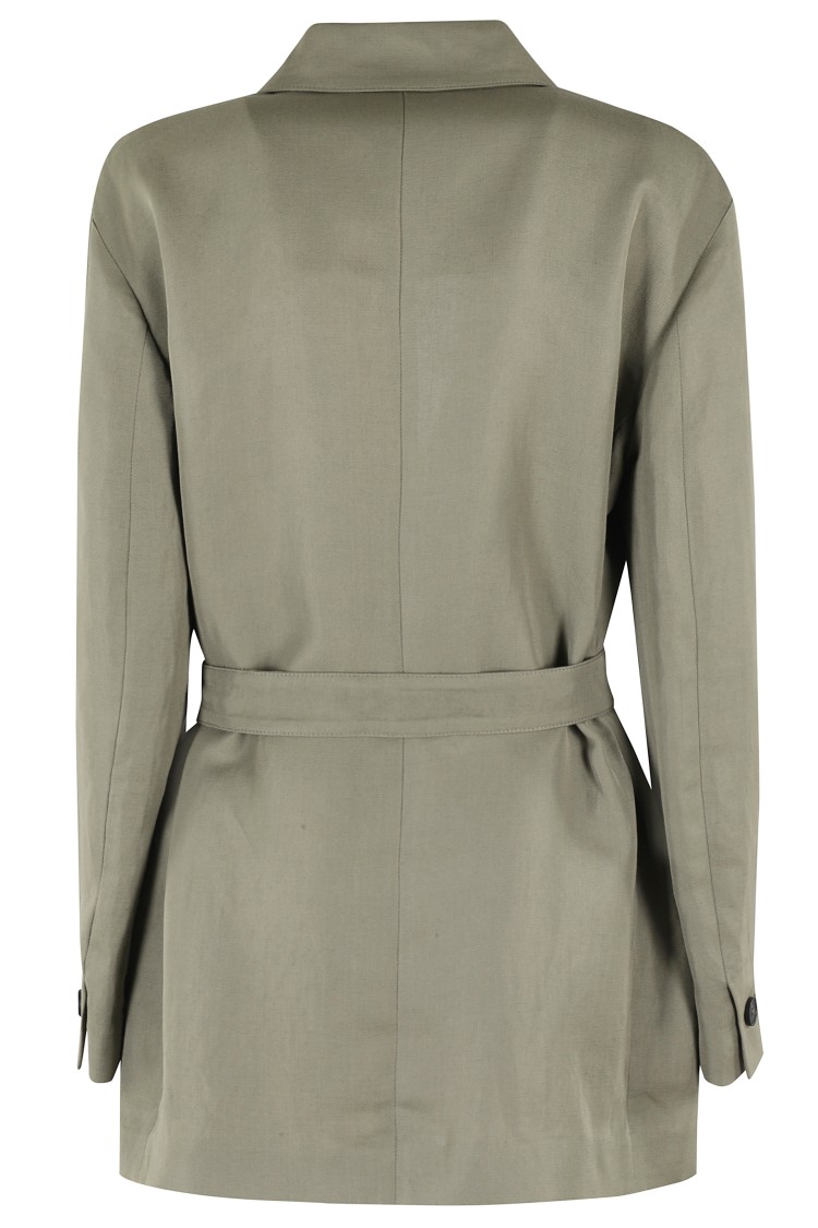 Shop Tela Double-breasted Linen Blend Blazer With Removable Waist Tie In Green