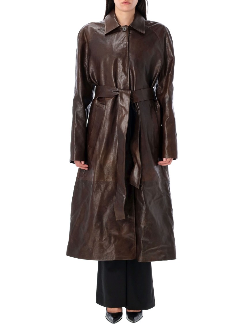 MAGDA BUTRYM MAGDA BUTRYM LONG BROWN LEATHER COAT WITH BELTED WAIST