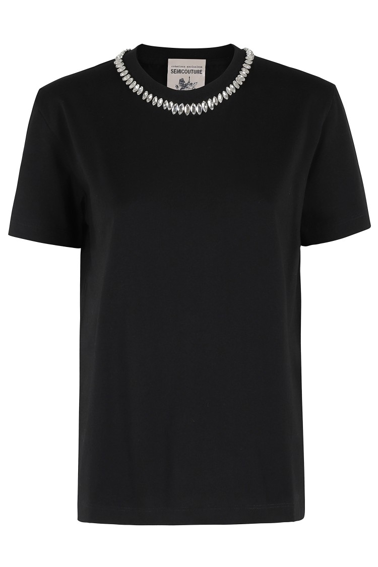 Semicouture Semi Couture Black T-shirt With Rhinestone-trimmed Neckline