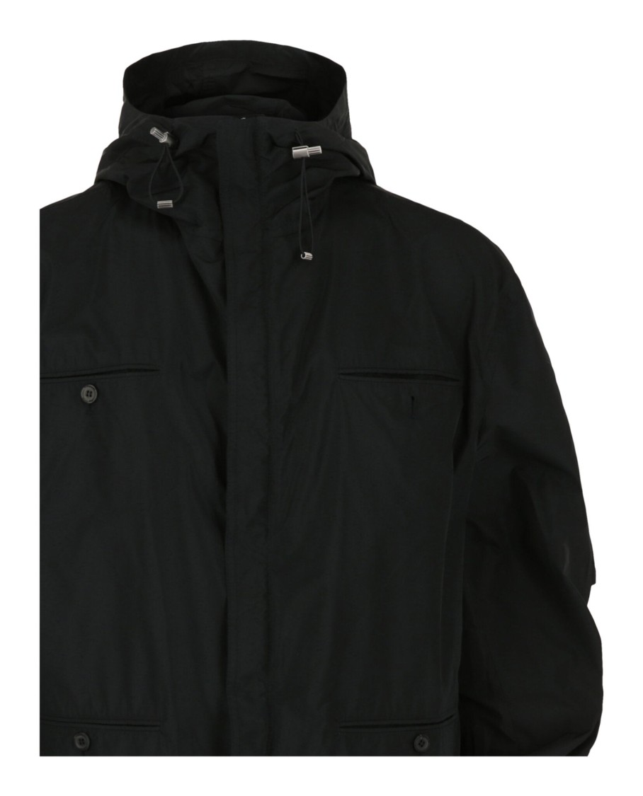 Ferragamo Hooded Windbreaker Jacket With Stand Collar In Black