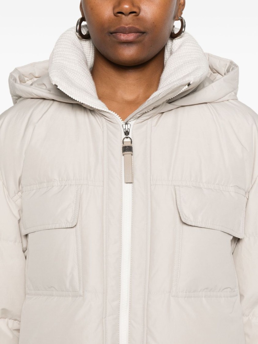 Brunello Cucinelli Nylon And Cotton Hooded Down Jacket In Neutral
