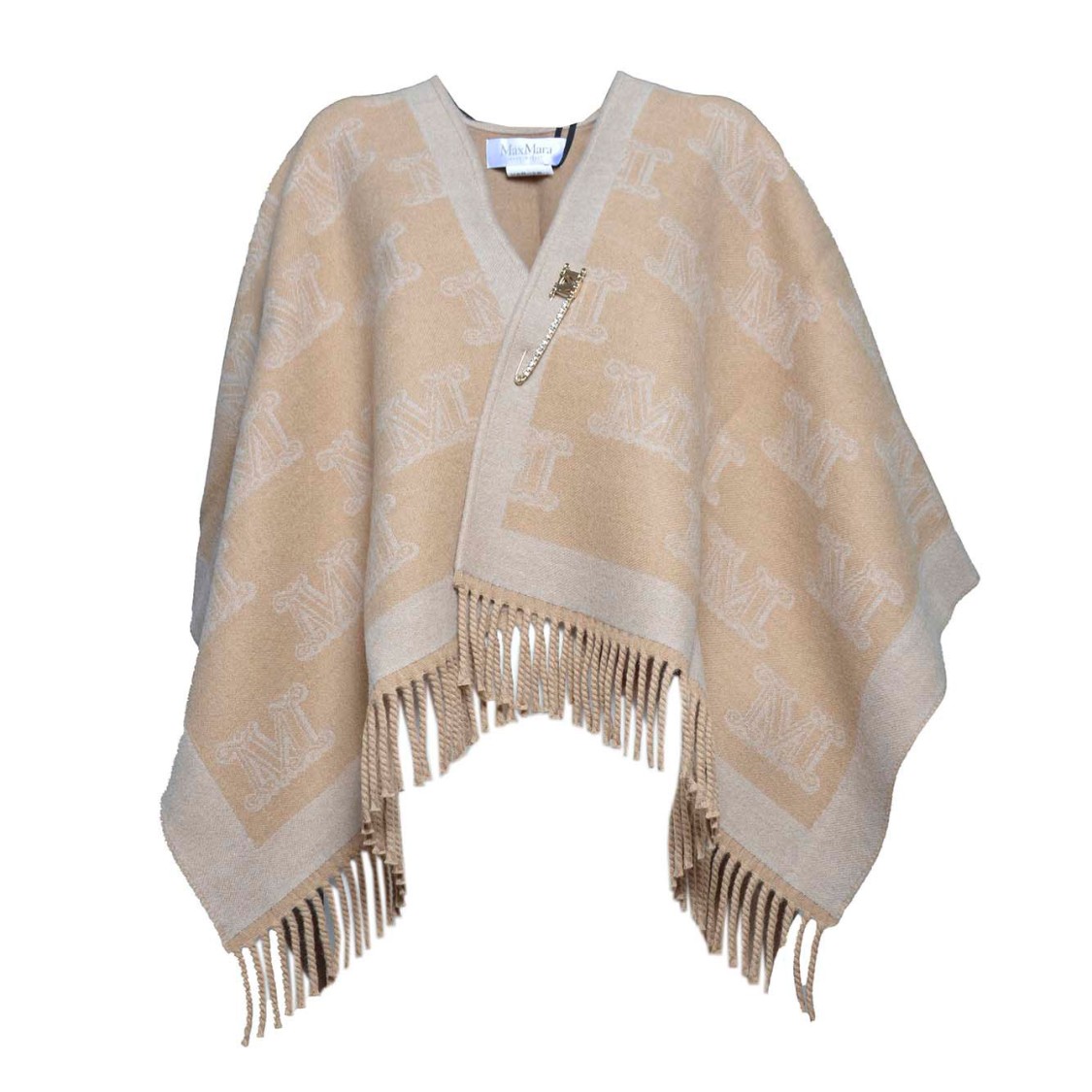 Max Mara Frine Poncho In Camel Jacquard Virgin Wool In Brown
