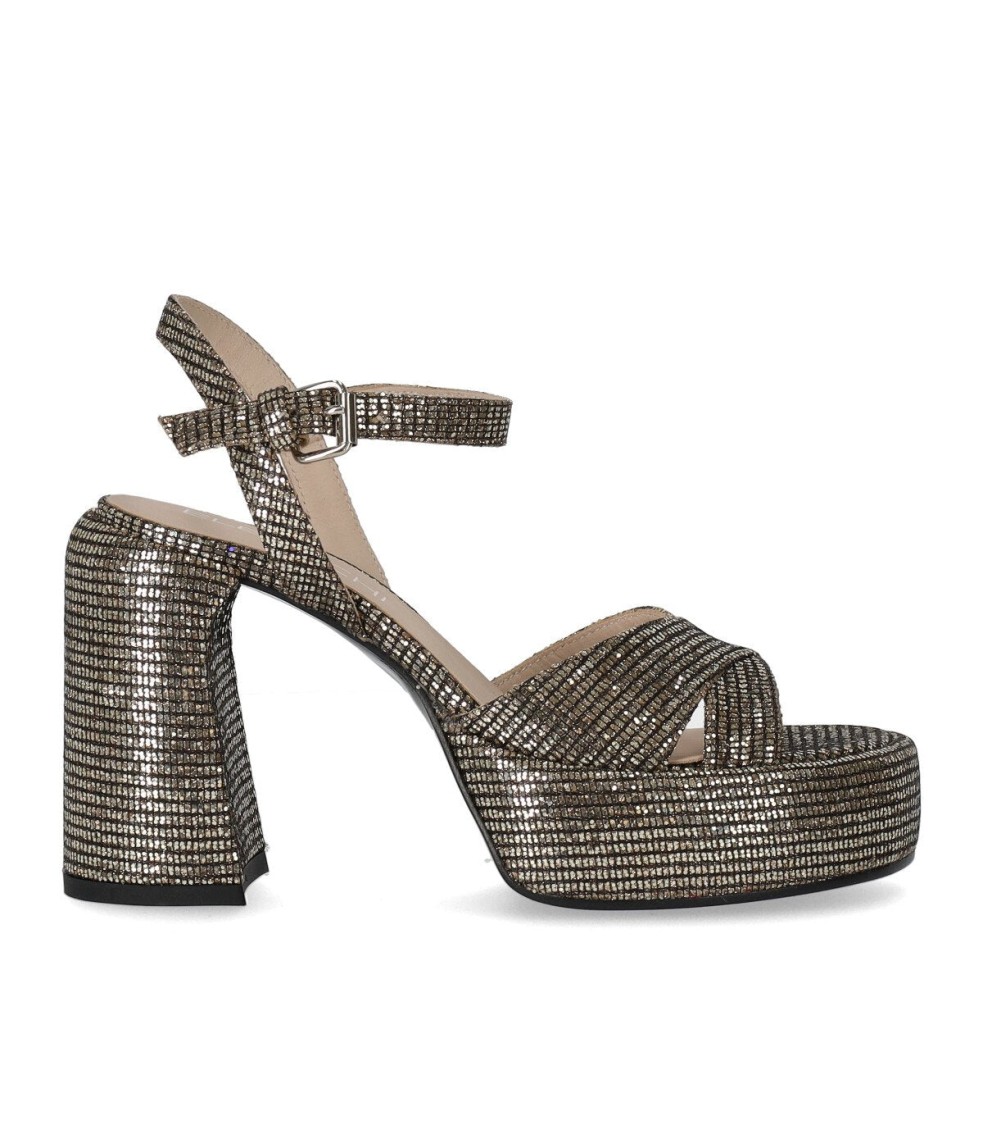 Elena Iachi Lexy Black Gold Heeled Sandal In Black