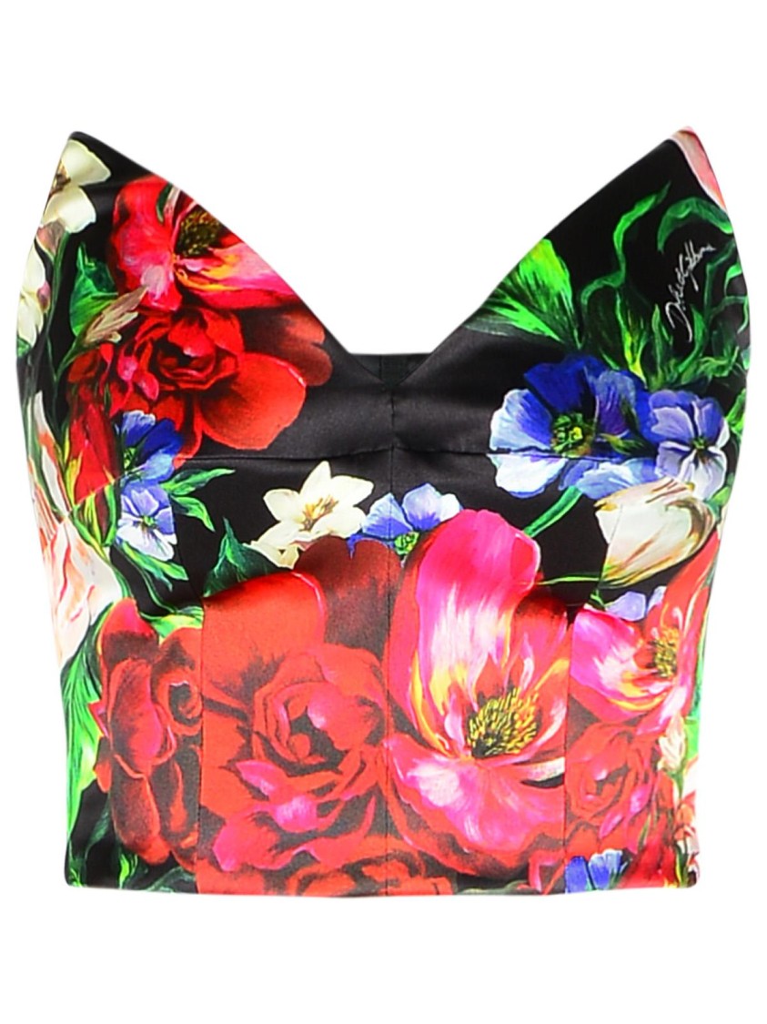 Dolce & Gabbana Satin Corset Top With Floral Print In Multicolor
