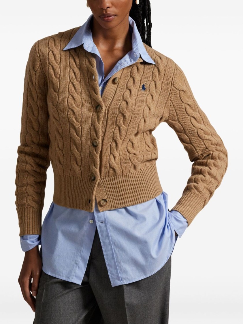 Polo Ralph Lauren Cropped Cable Knit Sweater With Button-down Front In Brown