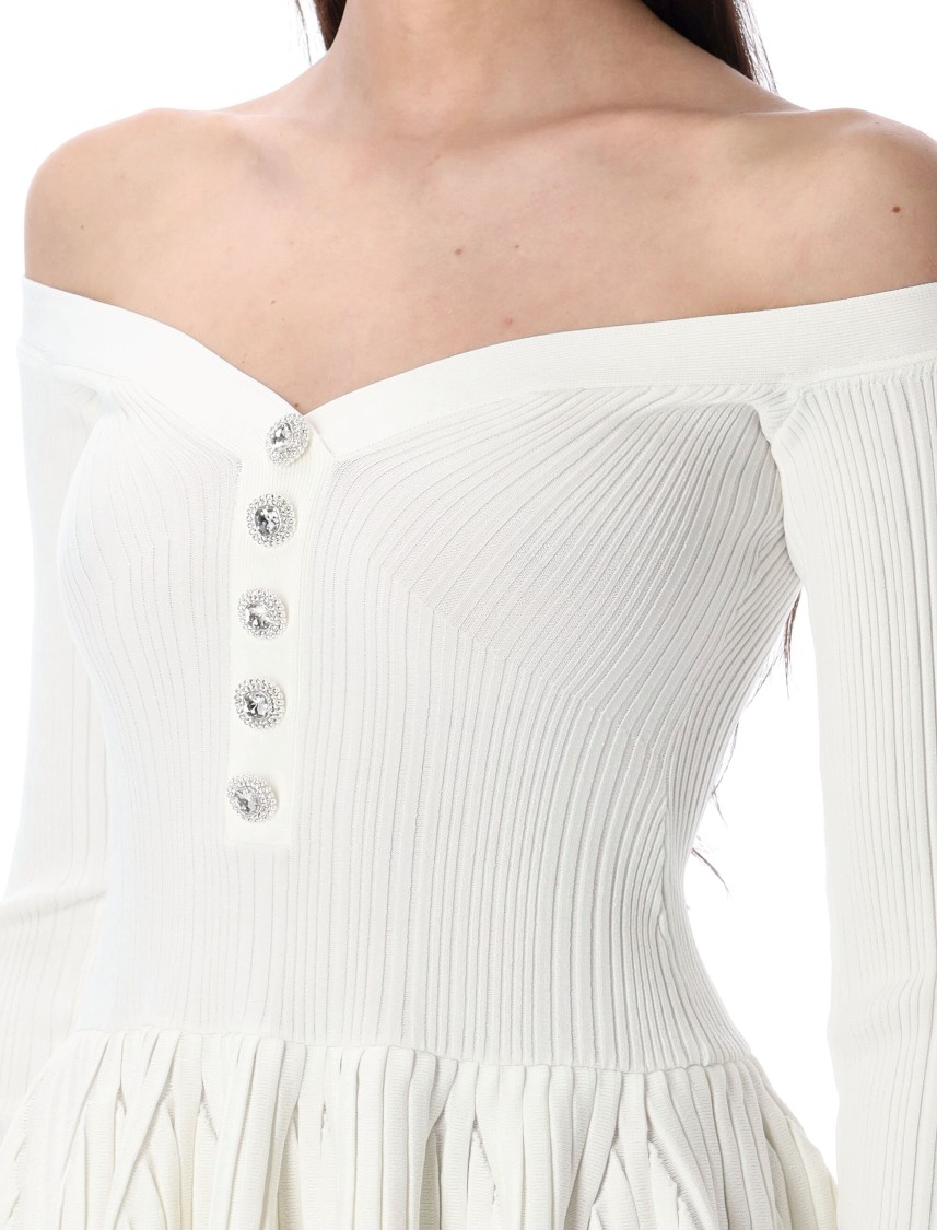 Self-portrait Off-the-shoulder Pleated Ribbed-knit Mini Dress