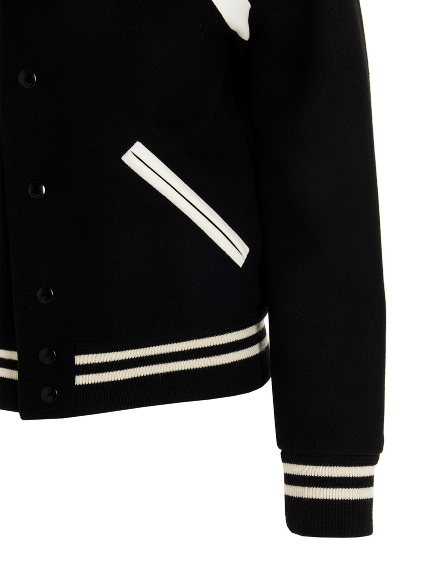 Saint Laurent Teddy Wool Jacket With Leather Profiles In Black