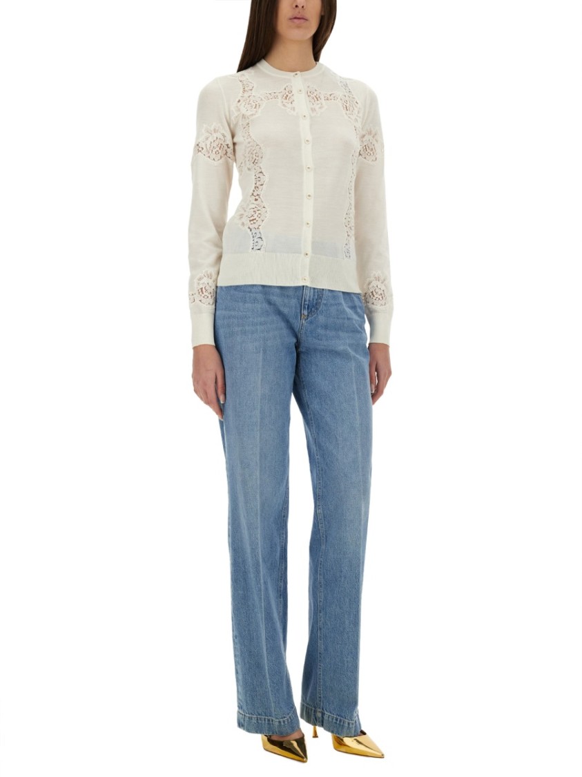 Dolce & Gabbana Cashmere And Silk Cardigan With Lace Inlay In White