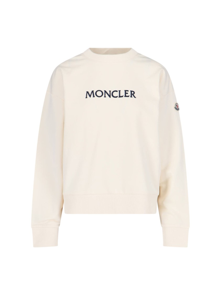 Moncler Crewneck Cotton Sweatshirt With Embroidered Logo And Multicolor Patch In Neutral