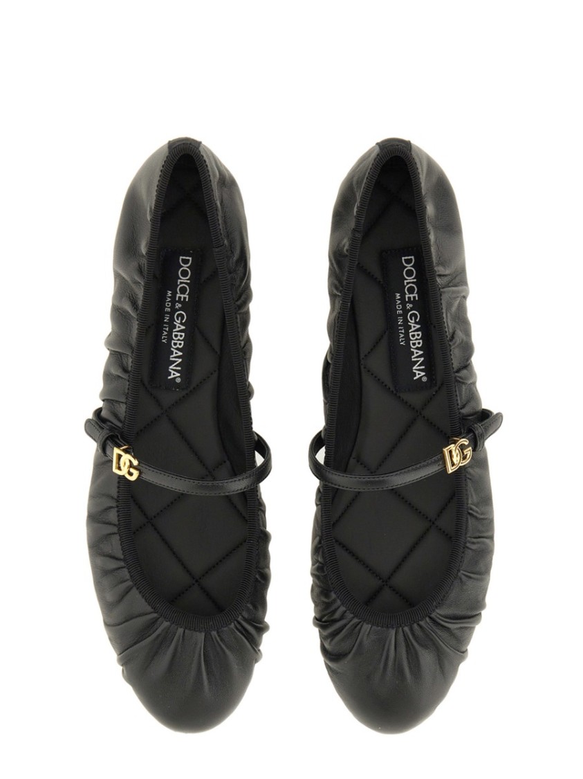 Dolce & Gabbana Black Ballerinas With Metallic Logo And Strap In Leather Woman In Black