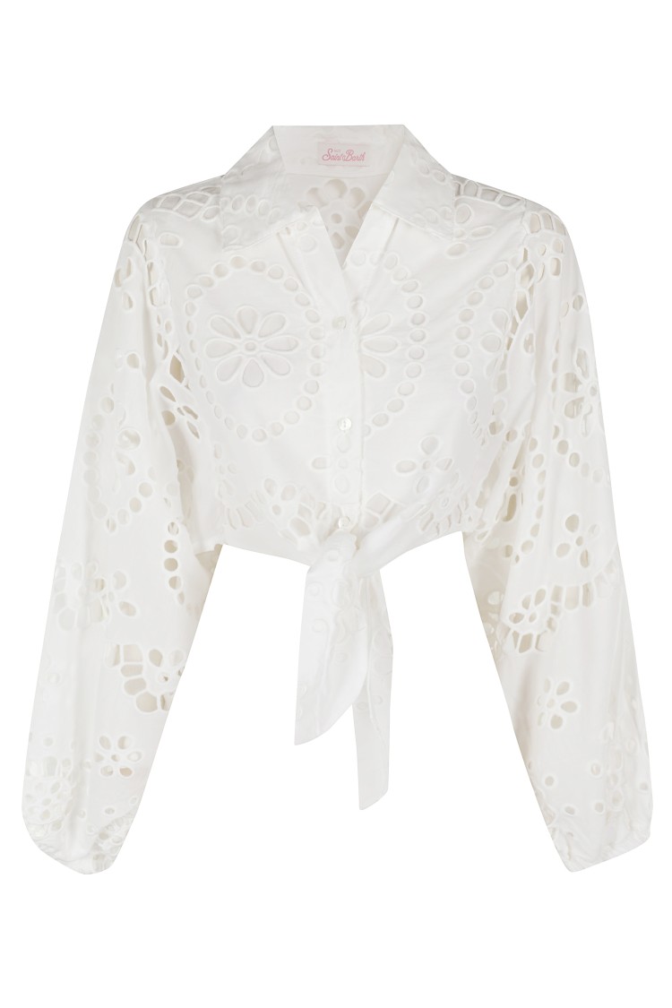 Mc2 Saint Barth Cropped White Shirt With Lace Design