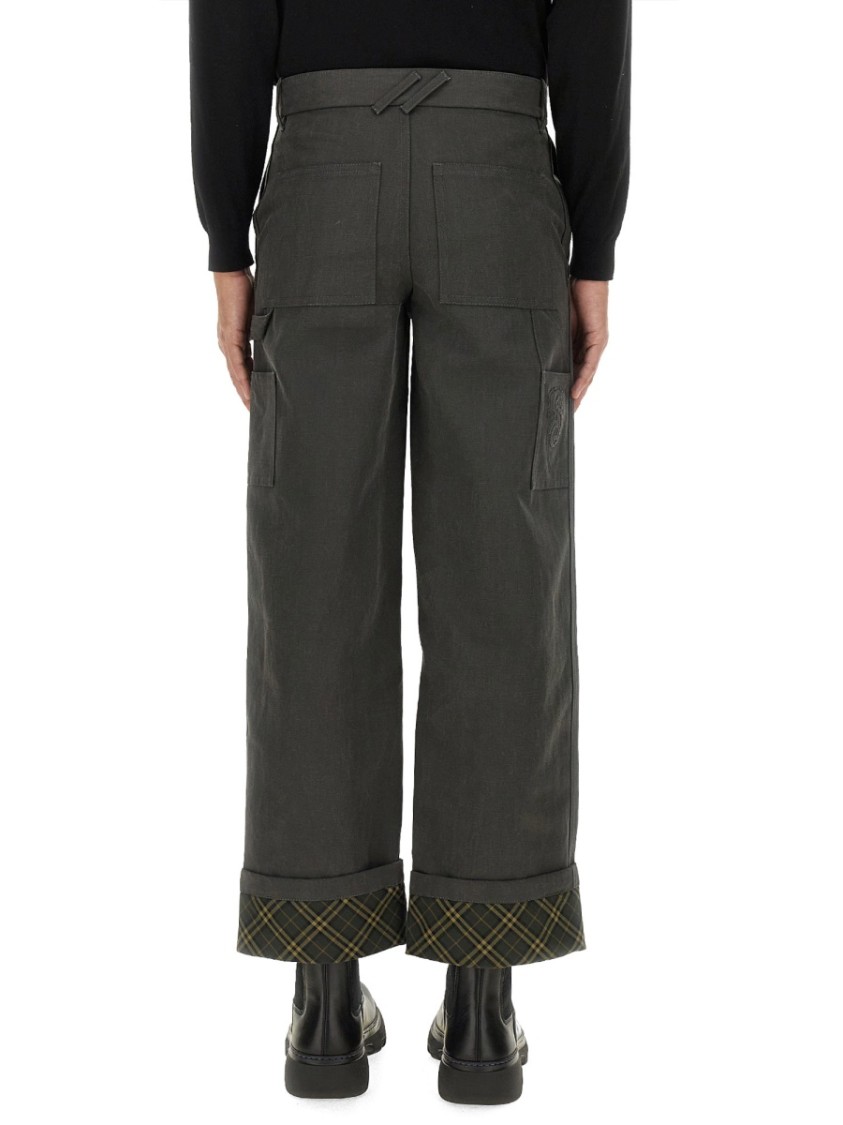 Burberry Black Pants With Logo Embroidery On The Side And Turn-up Checked Hem In Cotton Man In Black