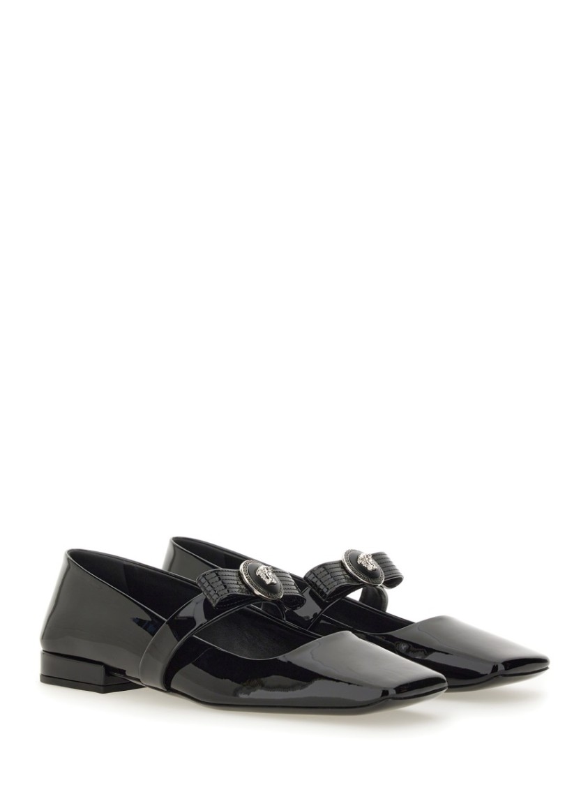 Versace Open-toe Ballet Flats In Gianni Ribbon In Black