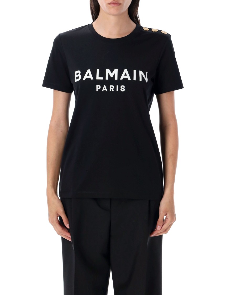 Balmain Black Crewneck T-shirt With Logo Print And Golden Buttons In Black