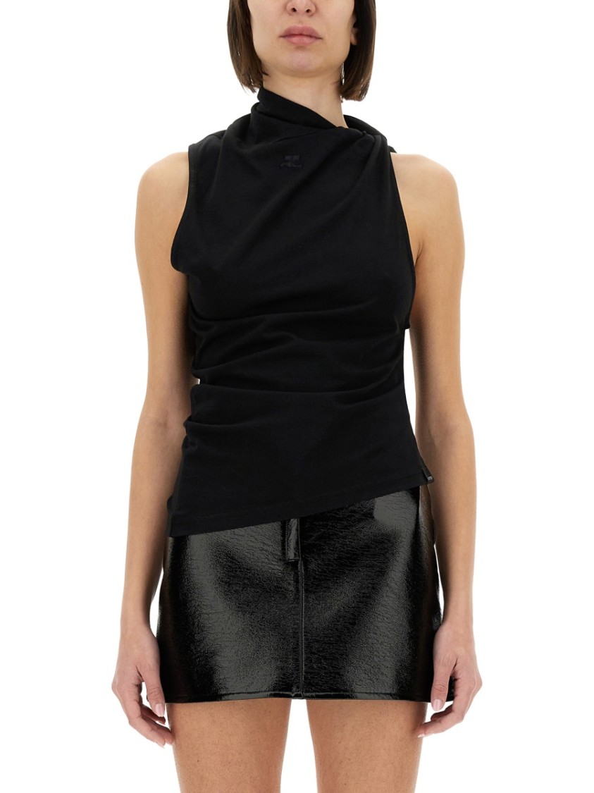 Shop Courrèges Twisted Design Sleeveless Top In Soft Cotton In Black