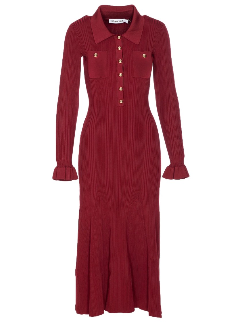 Self-portrait Fitted Ribbed Maxi Dress With Classic Collar In Red