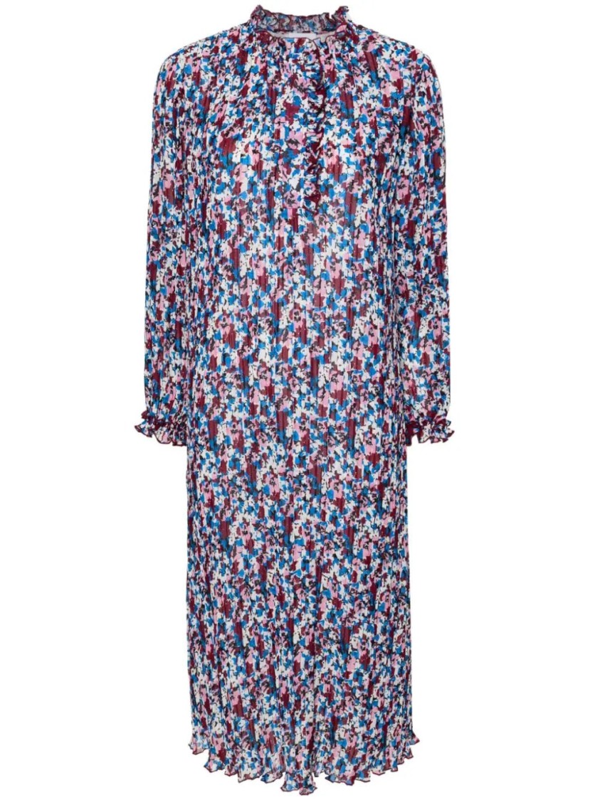 Ganni Pleated Midi Dress With High Neckline In Multi