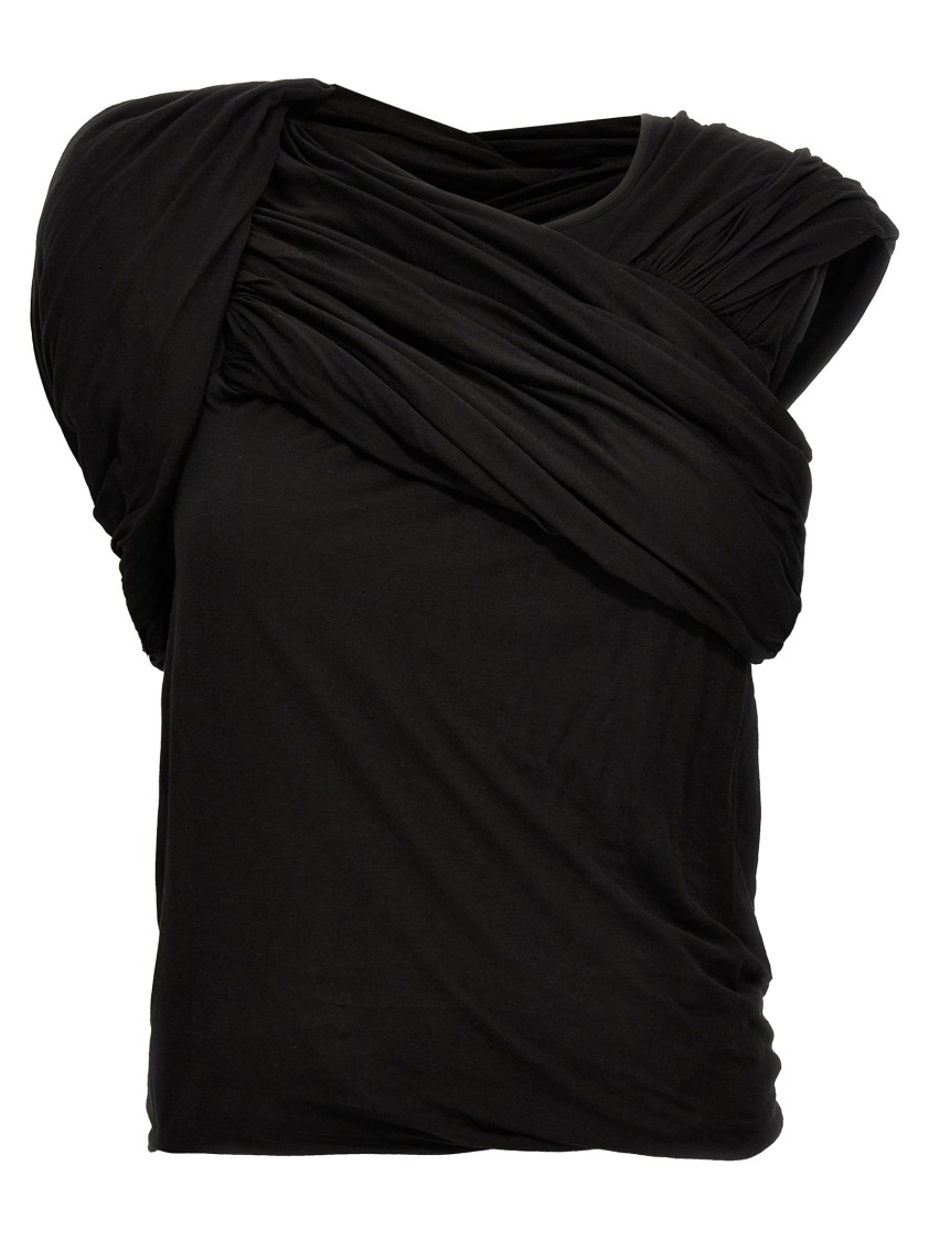 Rick Owens Draped Black Cotton Top With Design In Black