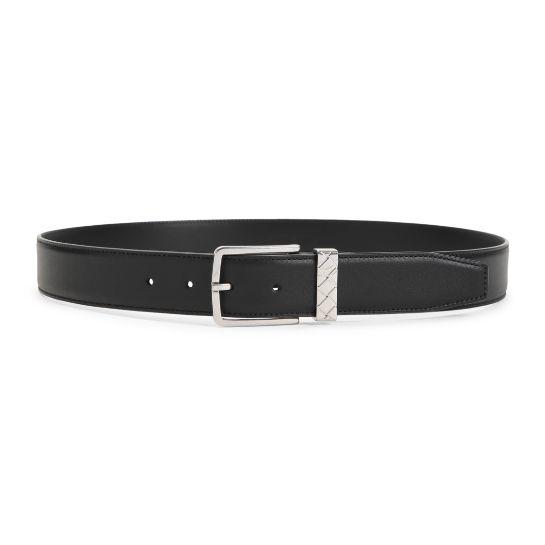 Shop Bottega Veneta Black Silver Intreccio Leather Belt