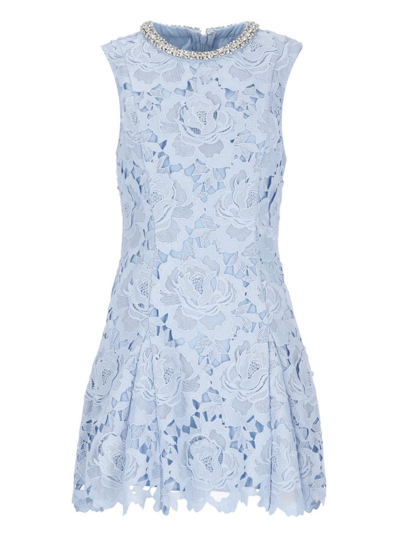Self-portrait Bue Crewneck Mini Dress With Rhinestoned Collar And All-over Floral Lace Embroidery In Tech Fabric W In Blue
