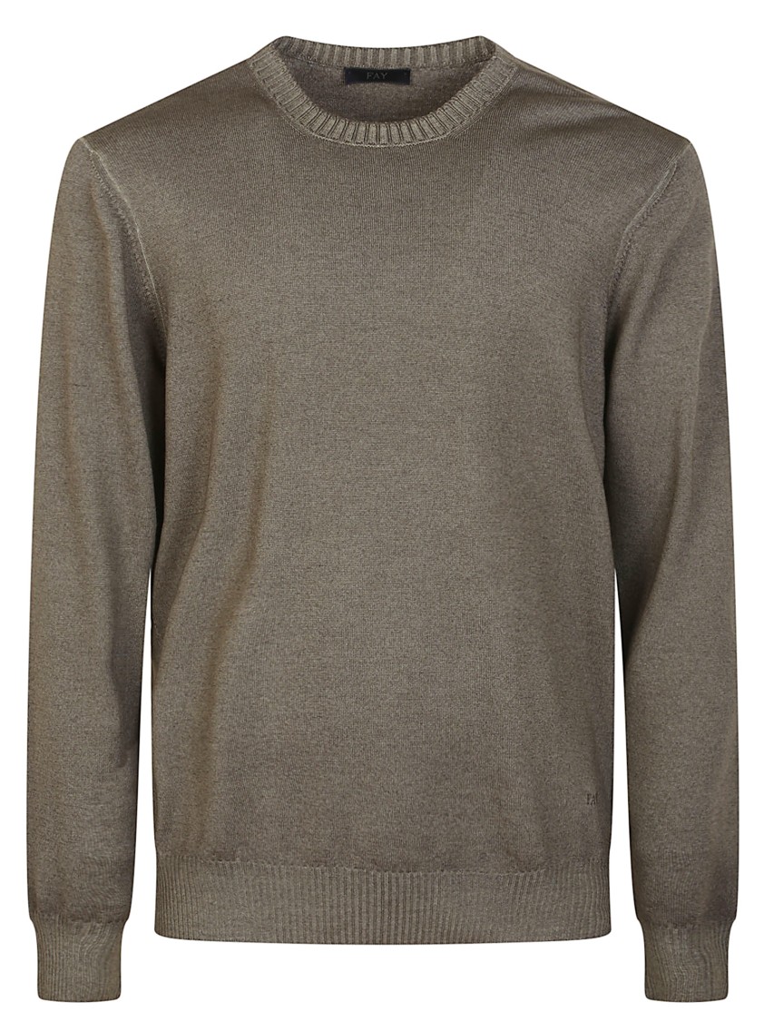Fay Crew Neck Green Virgin Wool Sweater With Iconic Embroidery In Green