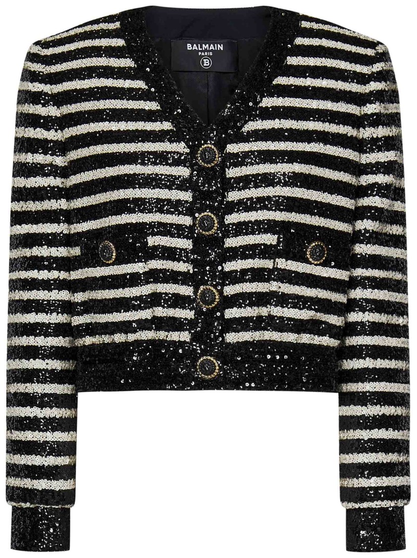 Shop Balmain Cropped Black And White Striped Jacket With Sequins And Metal Buttons