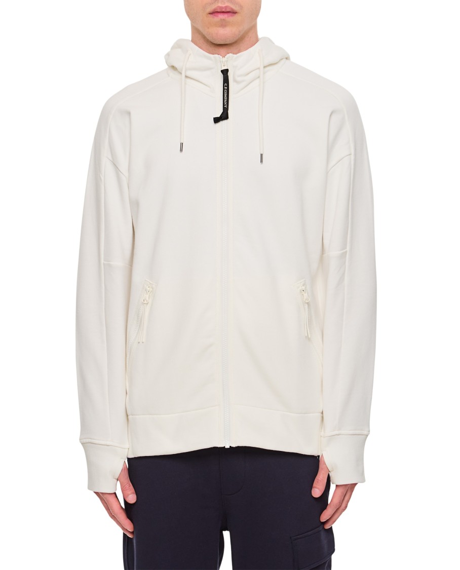 C.p. Company Diagonal Raised Fleece Goggle Zipped Hooded Sweatshirt In White