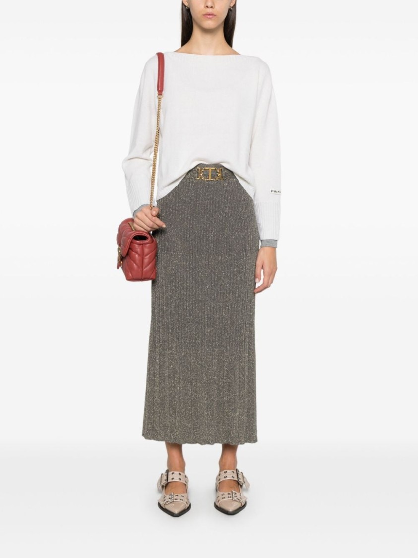 Shop Twinset Twin-set Ribbed Midi Skirt With Belt Detail And Flared Hem In Grey