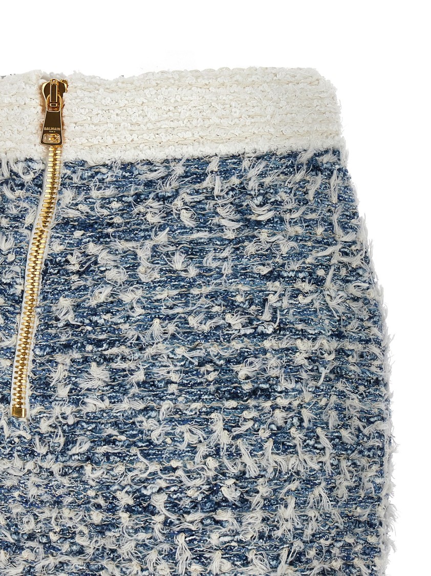 Balmain Frayed Button-embellished Tweed Mini Skirt In Neutral